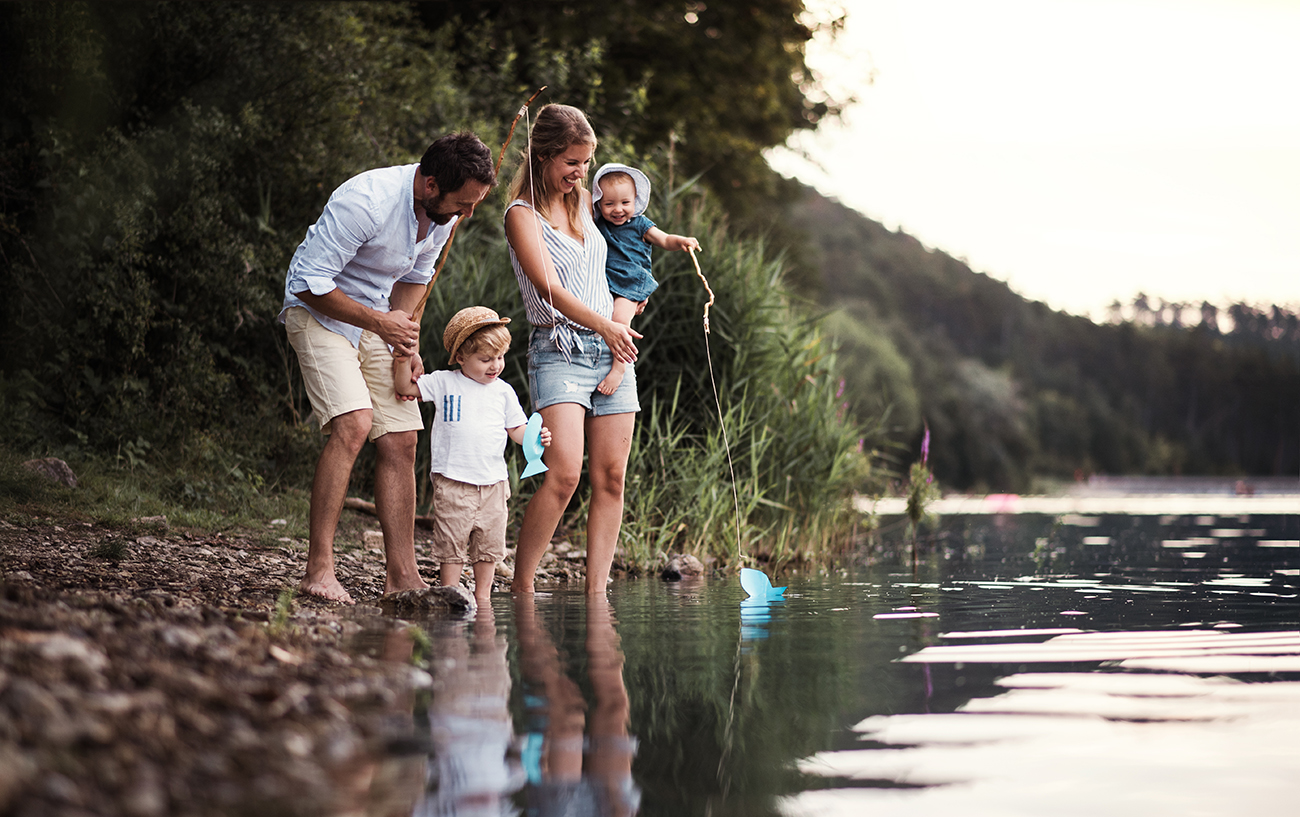 family at lake